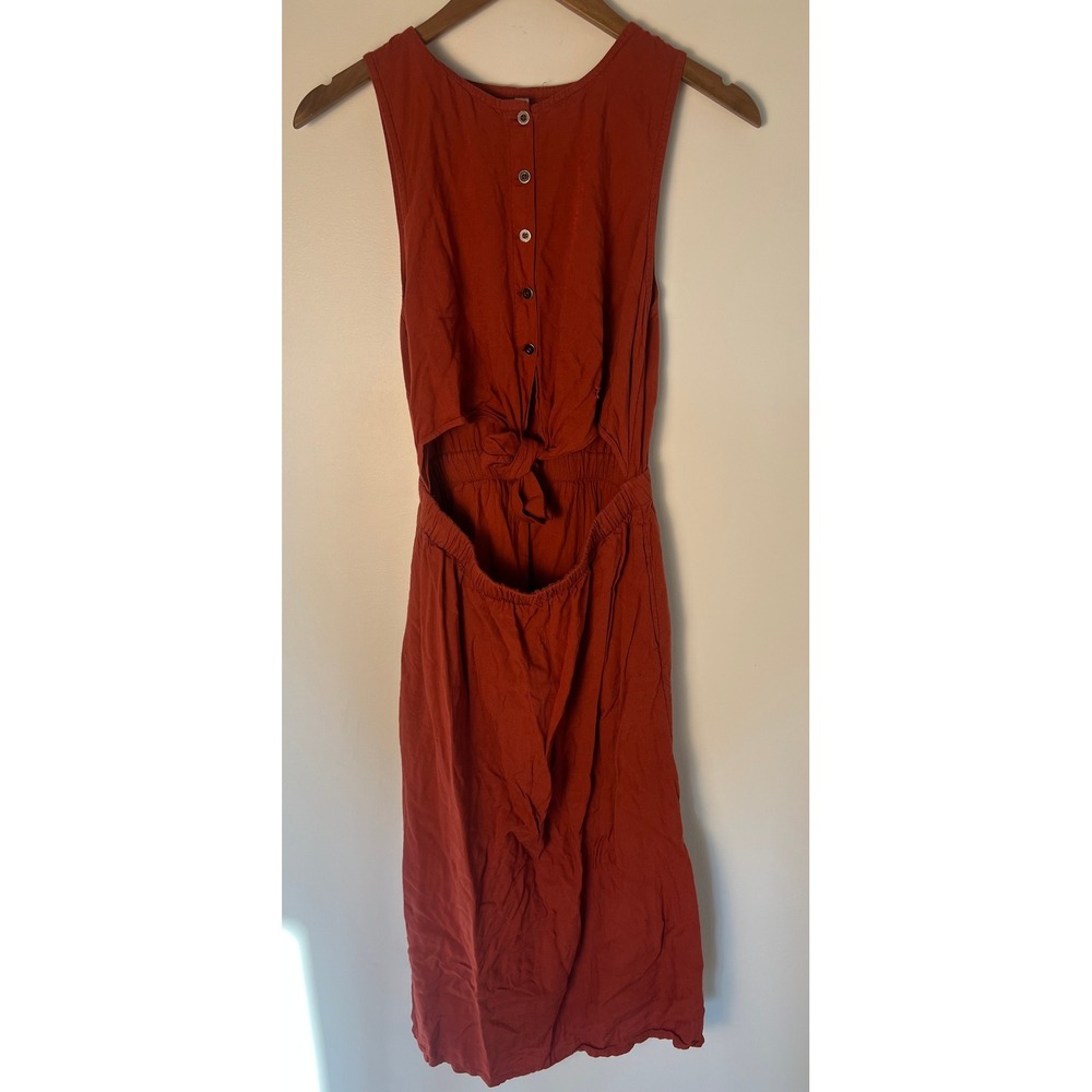 RVCA Midi Dress Sm Rust Orange Cutout Tie Back Button Bodice Rayon Boho Summer